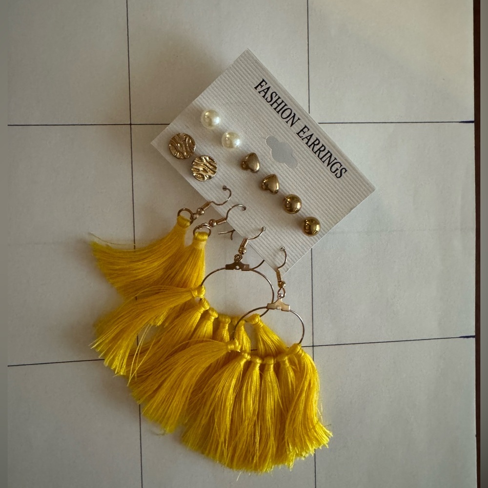Summer Fashion Earrings Set with Yellow Tassels- 6 pair